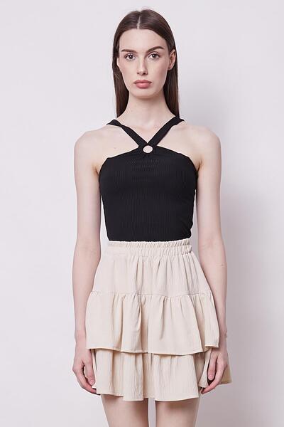 Jument Fusta de dama bej cu talie inalta si volane duble