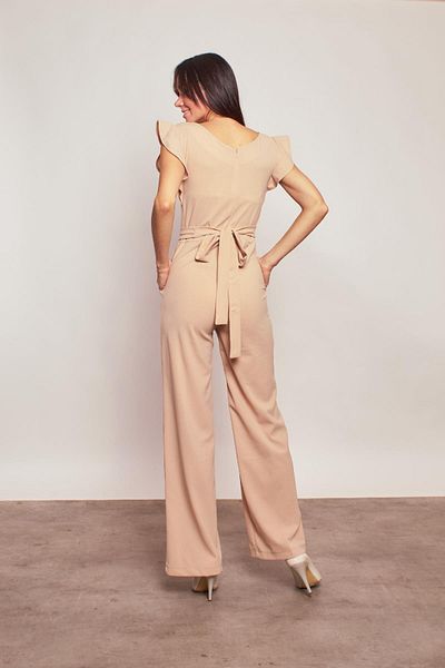 Jument Stylish Office Evening Dress Jumpsuit with Lycra Thick Crepe Fabric Sleeves and Frilly Accessories - Beige