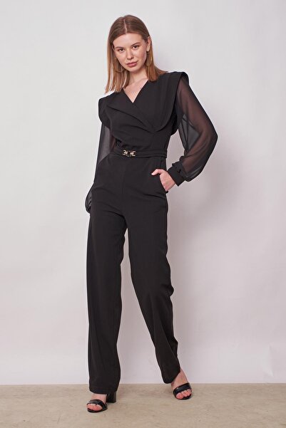 Jument Kadın Şifon Detaylı Kruvaze Anvelop Uzun Kol Beli Bağcıklı Hafifi Likralı Krep Kumaş Tulum-Siyah