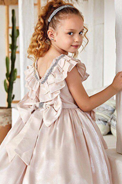 Riccotarz Βραδινό φόρεμα για κορίτσια σε κρεμ με πέτρα κεντημένο και λεπτομέρεια με βολάν στο στήθος