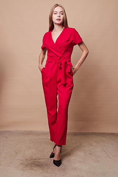 Jument Şal Yaka Düşük Omuzlu Bağcıklı Bilek Boy Tulum -kırmızı