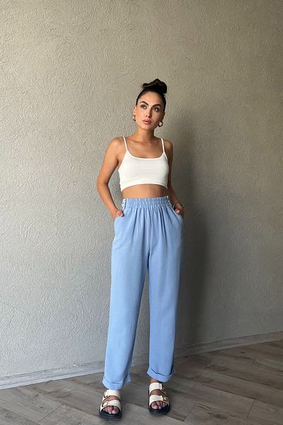 Seda Yalçın Atelier Blue Linen Trousers with Waist Detail