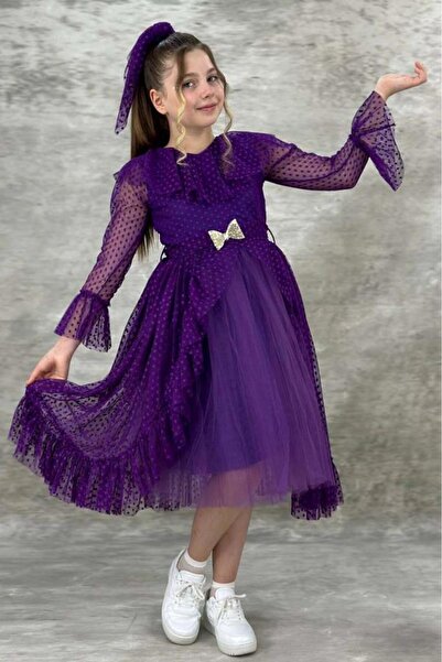 Riccotarz Girl's Guipure Detailed Purple Evening Dress with Frilly Collar and Polka Dot Skirt with Fluffy Tulle