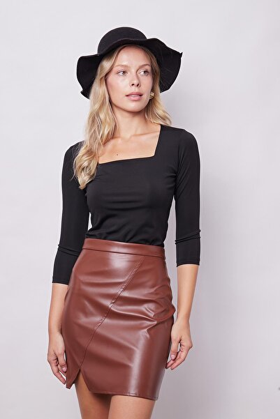 Jument Fusta creion de damă din lycra deschisă cu fante cu talie înaltă - maro