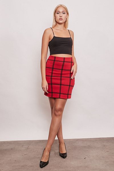 Jument Winter Woolen Fabric High Waist Above Knee Pencil Skirt - Red Check