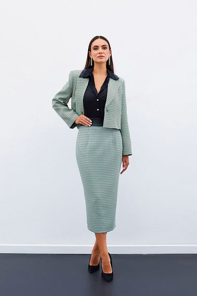 Sateen Houndstooth Midi Skirt - Green