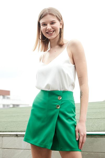 Jument Fustă scurtă pentru femei cu talie înaltă, țesătură țesătură, lungime midi (lungime: 38 cm +-2 cm)-B.Green