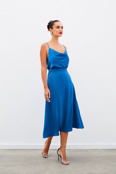 Sateen Midi Length Satin Skirt - Indigo
