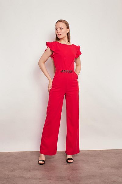 Jument Lycra Thick Crepe Fabric Elegant Office Evening Dress Jumpsuit with Frilled Sleeves and Accessories - fujja