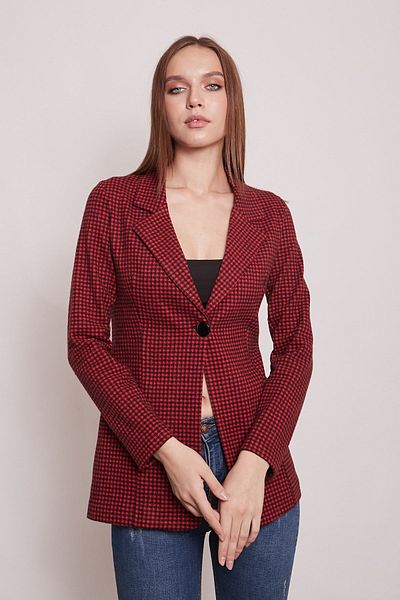 Jument Plaid Patterned Collar Long Sleeve Single Button Woolen Fabric Blazer Jacket-red Polka Dot Square