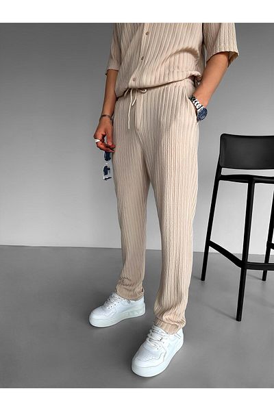 ablukaonline Beige Men's Baggy Fit Patterned Comfortable Trousers