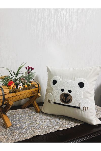 HD HOME COLLECTİON Hd Home Collection Λινό ύφασμα Χαριτωμένο αρκουδάκι με κεντημένο κάλυμμα μαξιλαριού (PANÇ)