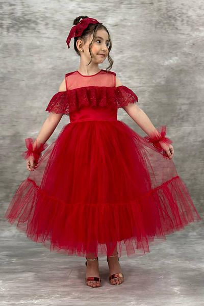 Riccotarz Girl's Red Evening Dress with Transparent Collar, Off-the-Shoulder, and Guipure Embroidered Sleeves