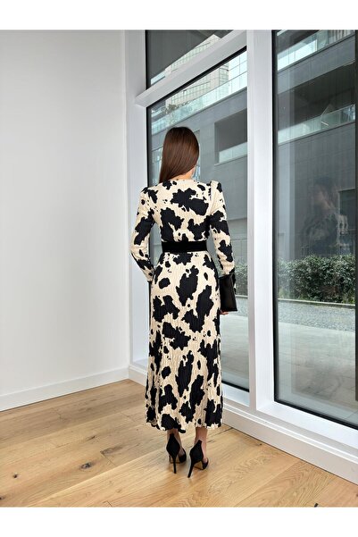 modaçelikler Square Collar Shoulder Padded Waist Belt Looking Women's Patterned Color Dress 24Y138