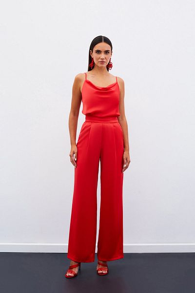 Sateen Loose Satin Trousers with Pockets - Coral