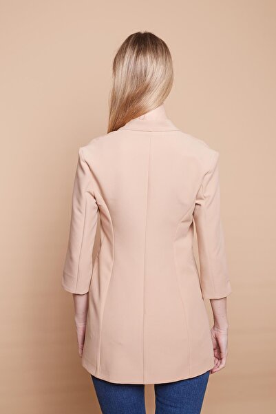 Jument Hakim Yaka Flato Pocketed Sleeve Slit Long Blazer Cotton Stretch Fabric Fabric Jacket -Camel