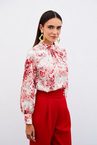 Sateen Red Patterned Stand Collar Blouse
