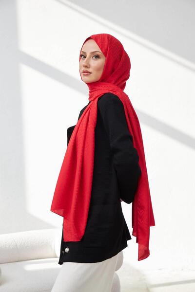 İpekhan Lego Pattern Silky Jacquard Shawl Red 9004-16