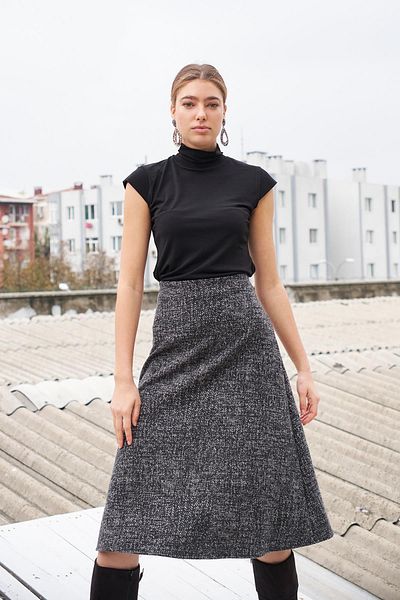 Jument Fustă de iarnă din lână jacquard, țesătură lycra ușoară, cu talie înaltă, lungă, în formă de A - Diagonală neagră