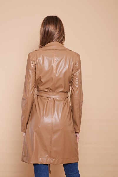 Jument Jachetă sport lungă sub genunchi din piele artificială ecologică cu curea Trench coat-bej închis