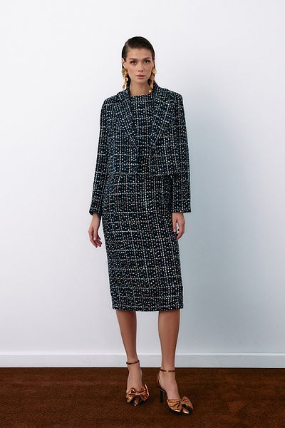 Sateen Sleeveless Tweed Pencil Dress - Navy Blue
