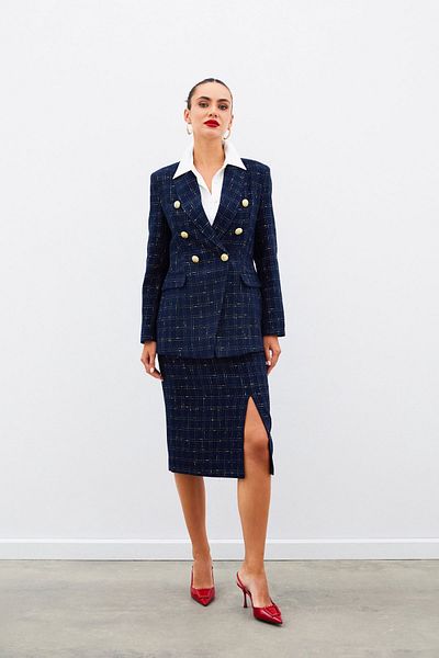 Sateen Silvery Midi Length Tweed Skirt - Navy Blue