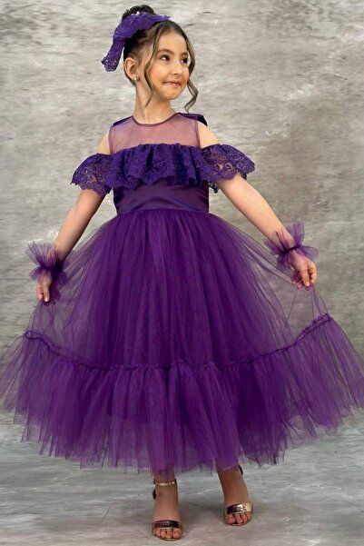 Riccotarz Girl's Purple Evening Dress with Transparent Collar, Off-the-Shoulder, and Guipure Embroidered Sleeves