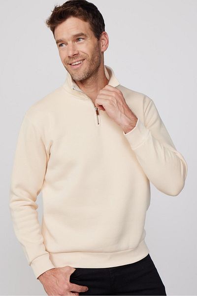 Tudors Φούτερ Unisex Relax Fit Relaxed Cotton Fleece με μισό φερμουάρ εκρού γιακά