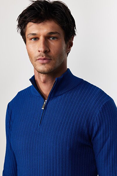 Tudors Erkek Slim Fit Dar Kesim Dik Yaka Fermuarlı Desenli Saks Mavi Triko Kazak