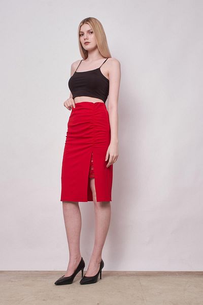 Jument Women's Lace Detailed Gathered Front Slit Below the Knee Lycra Crepe Fabric Skirt - Red