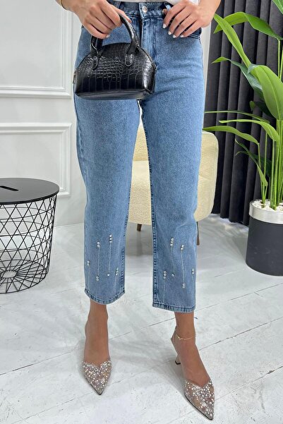 Modaensarbutik Dark Blue Jeans Trousers with Stone Strings