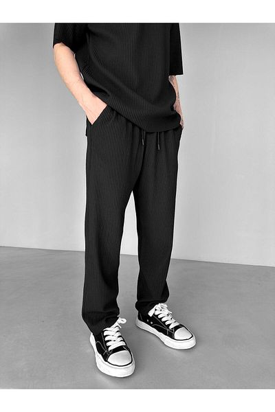 ablukaonline Men's Baggy Fit Corded Comfortable Trousers Black