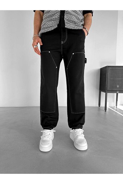 ablukaonline Men's Reverse Stitching Detailed Patched Trousers Black