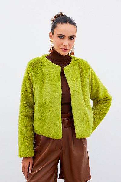 Sateen Green Collarless Plush Jacket