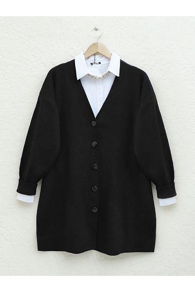 Modamorfo Buttoned Winter Hijab Sweater Cardigan - Black