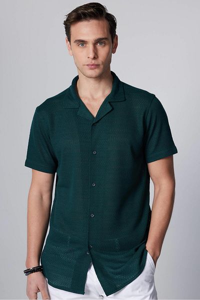Tudors Πράσινο πουκάμισο γιακά Apache Slim Fit - Slim Fit, κοντό μανίκι, πλεκτό ύφασμα