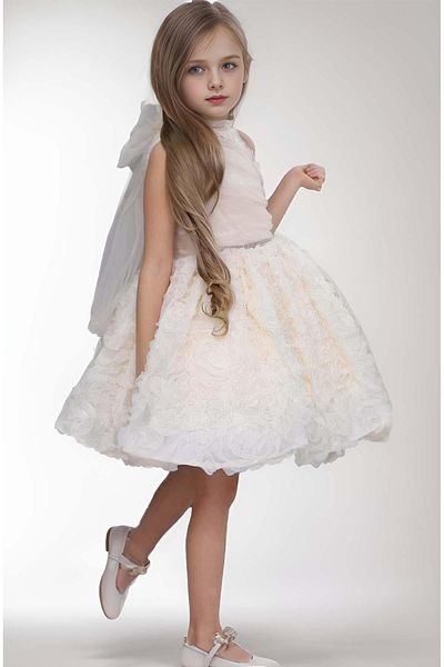 Riccotarz Girl's 3D Printed Layered Tulle and Rose Detailed Stone Embroidered White Evening Dress