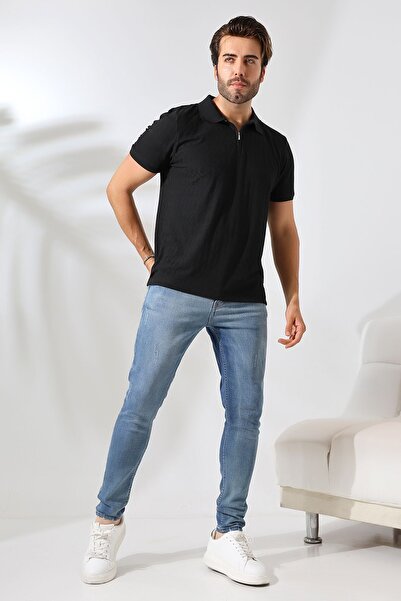 GW Bernal Men's Black Soft Textured Regular Fit Baklava Jacquard Polo Collar Zippered T-Shirt & T-Shirt