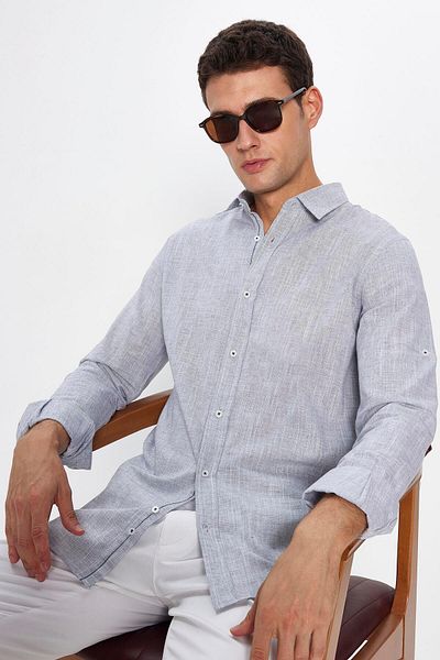 Tudors Γκρι Slim Fit Epaulettes πουκάμισο - Μακρύ μανίκι, 100% βαμβακερό λινό