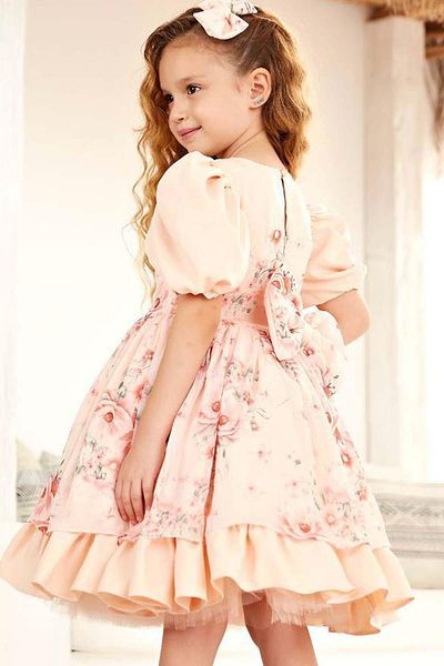 Riccotarz Girl's Salmon Evening Dress with Flower Detail and Balloon Sleeves