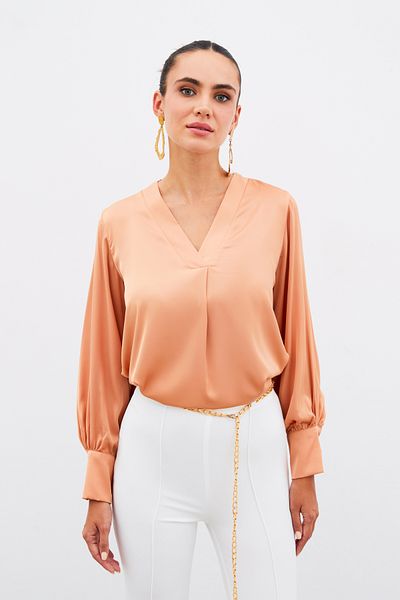 Sateen V-Neck Satin Blouse - Somon