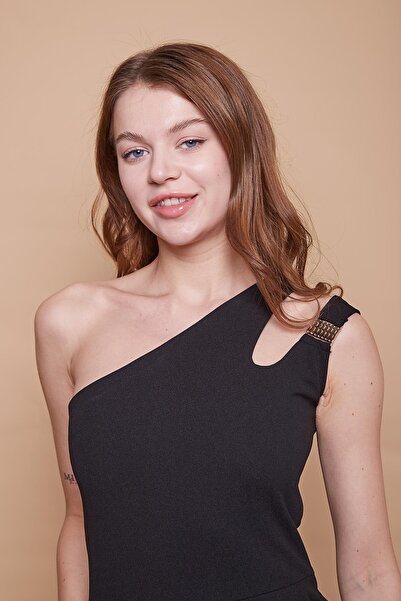 Jument Lycra Crepe Fabric One Shoulder Accessory Side Pocket Wide Leg Evening Dress Engagement Office Overalls - black