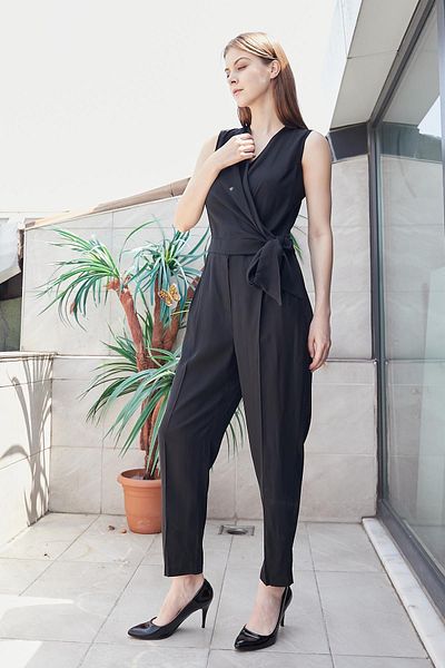 Jument Black Fluent Stylish Jumpsuit - 100% Iyocell, Double Breasted Lace Up, Pocket, Pleated Skinny Leg