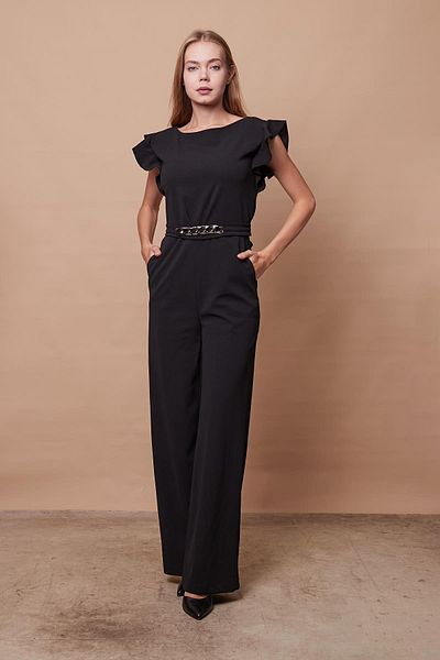 Jument Stylish Office Evening Dress Jumpsuit with Lycra Thick Crepe Fabric Sleeves and Frilly Accessories - black