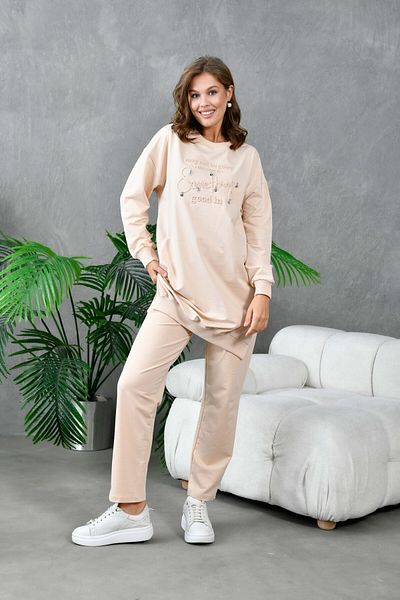 MVStore Women's Stone Detail Embossed Printed Oversize Sweatshirt Bottom-Top Set
