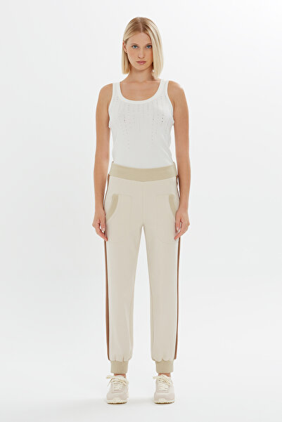 GİZİA Şerit Ddetaylı Paçaları Lastikli Bej Eşofman Altı