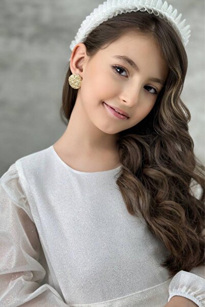 Riccotarz Kız Çocuk Sıfır Yaka Kolları Transparan Eteği Tüllü Simli Beyaz Abiye