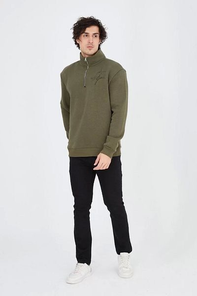 Tam12den Home Ανδρικό φούτερ Khaki Green - Μισό φερμουάρ και στάμπα