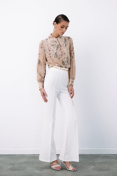 Sateen Wide Pearl Collared Shirt - Beige-Gold
