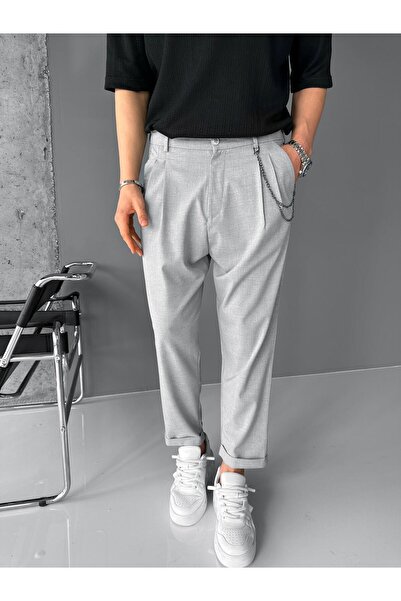 ablukaonline Erkek Boyfriend Zincirli Kumaş Pantolon Açık Gri